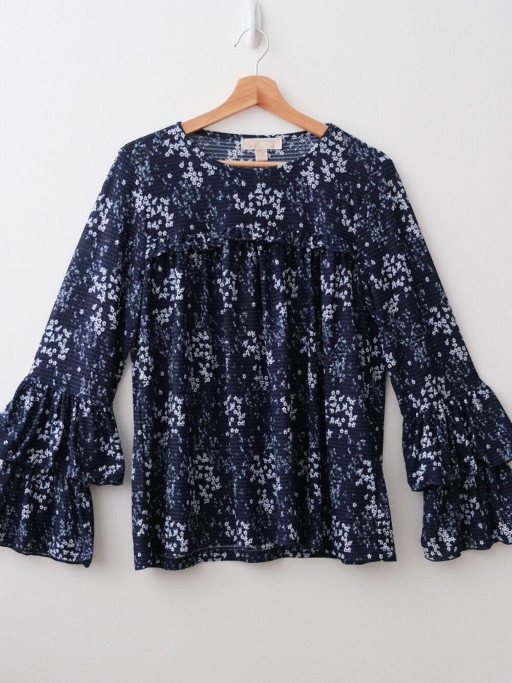Michael Kors Navy Blue Floral Ruffle Sleeve Blouse
